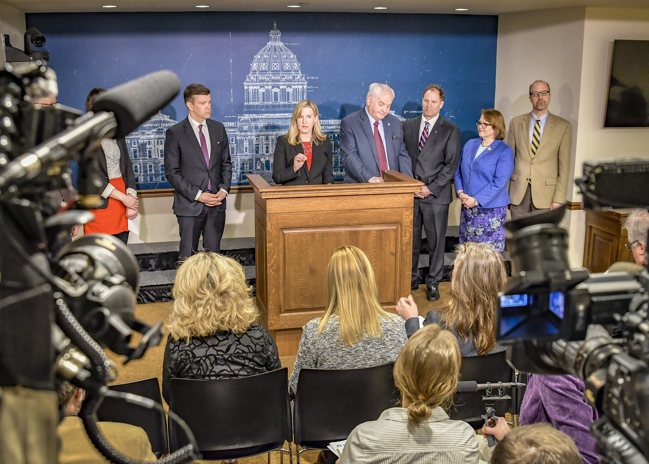 House DFL leaders and legislators announce committee targets and the framework for its Minnesota Values Budget at a press conference March 25. Photo by Andrew VonBank